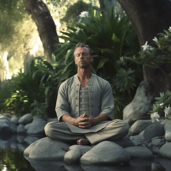 50 plus Man Meditating in Nature to help his anxiety
