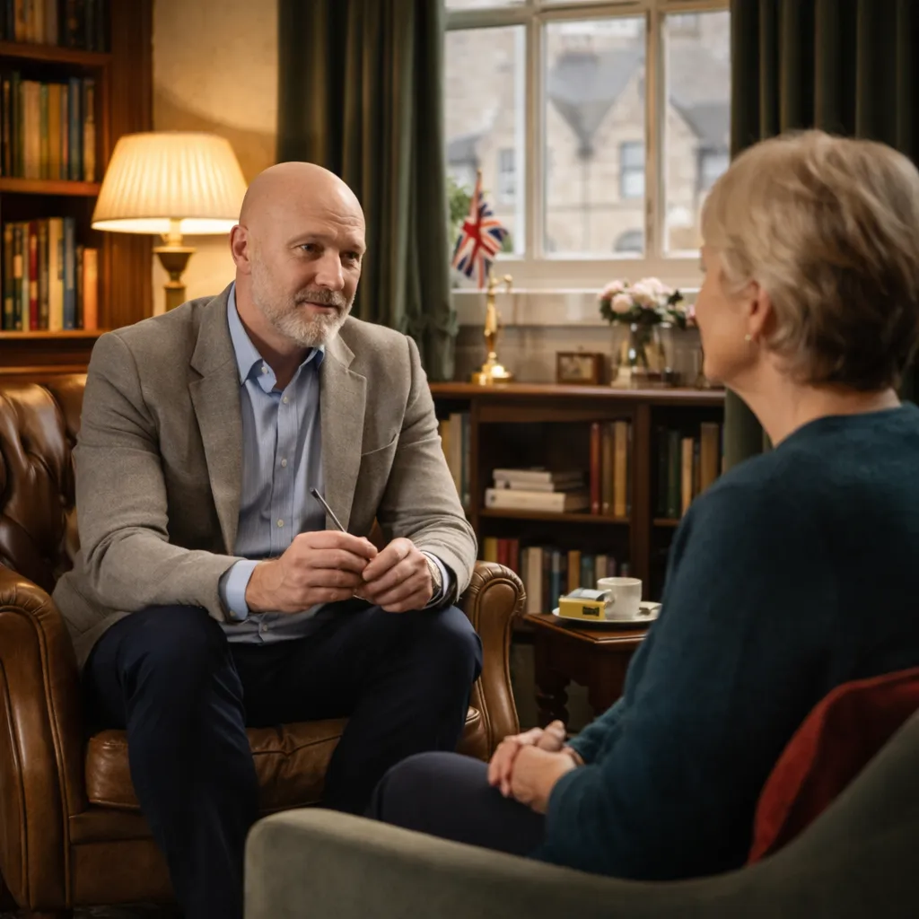 Male therapist in his late fifties speaking with an older female client during a counselling session in a UK therapy room